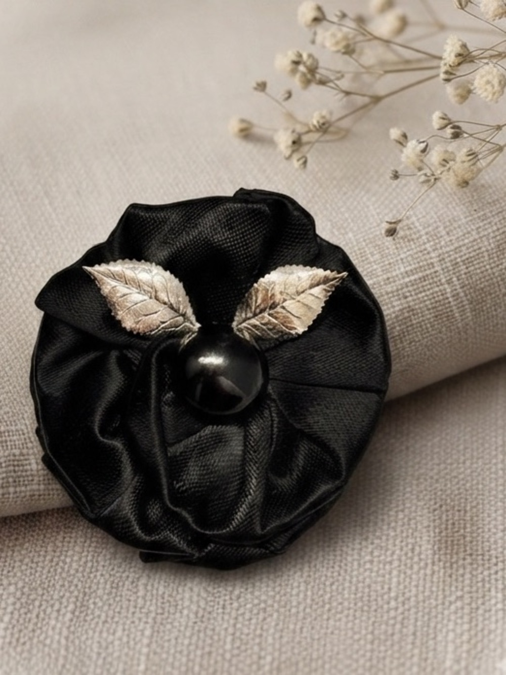 Vintage Black Satin Rosette Brooch Gothic Glam Silver Leaf Accents